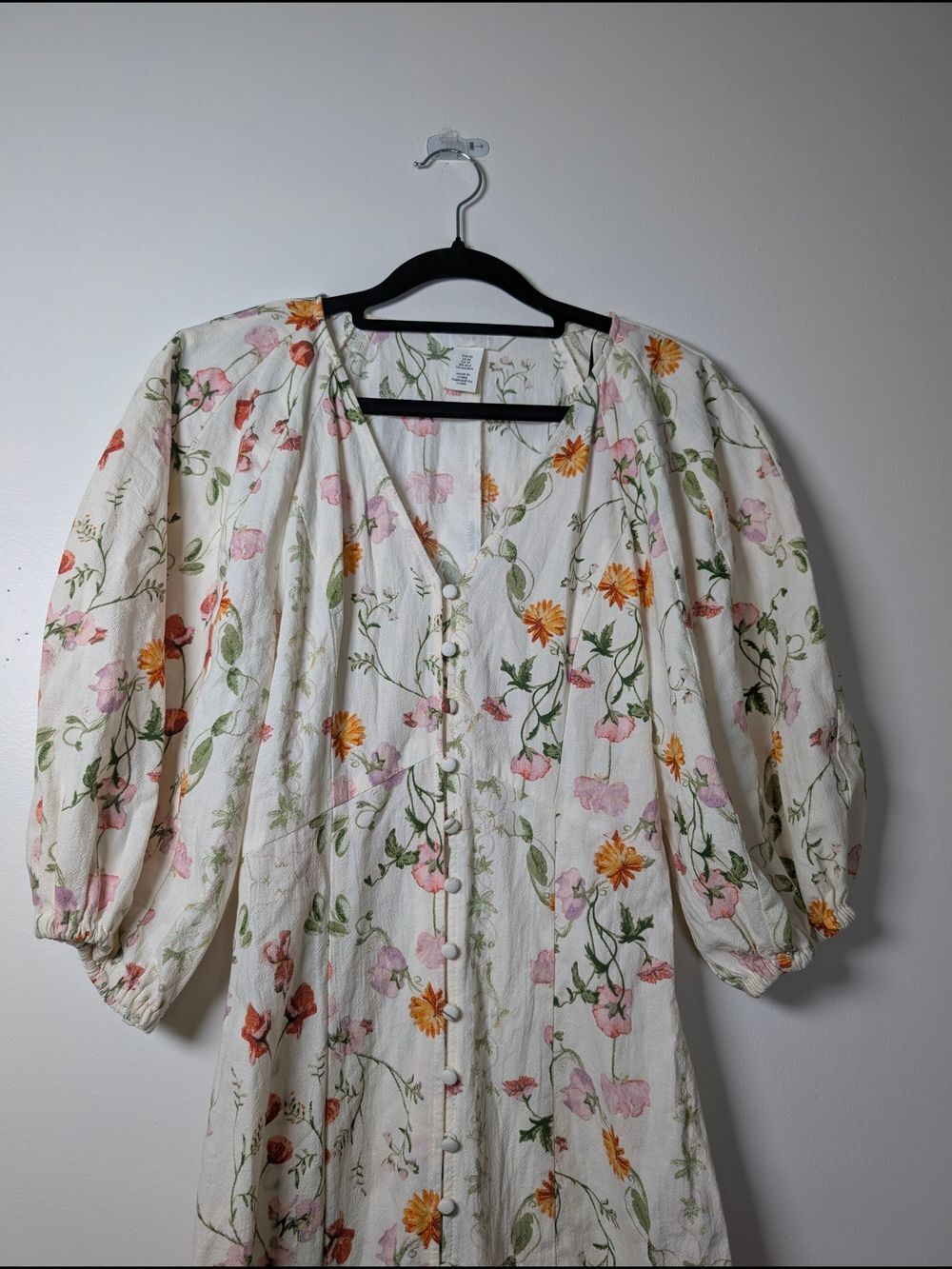 H&M Floral Cotton Midi Dress XS Puff Sleeve Cottagecore Button Front White - Picture 4 of 12